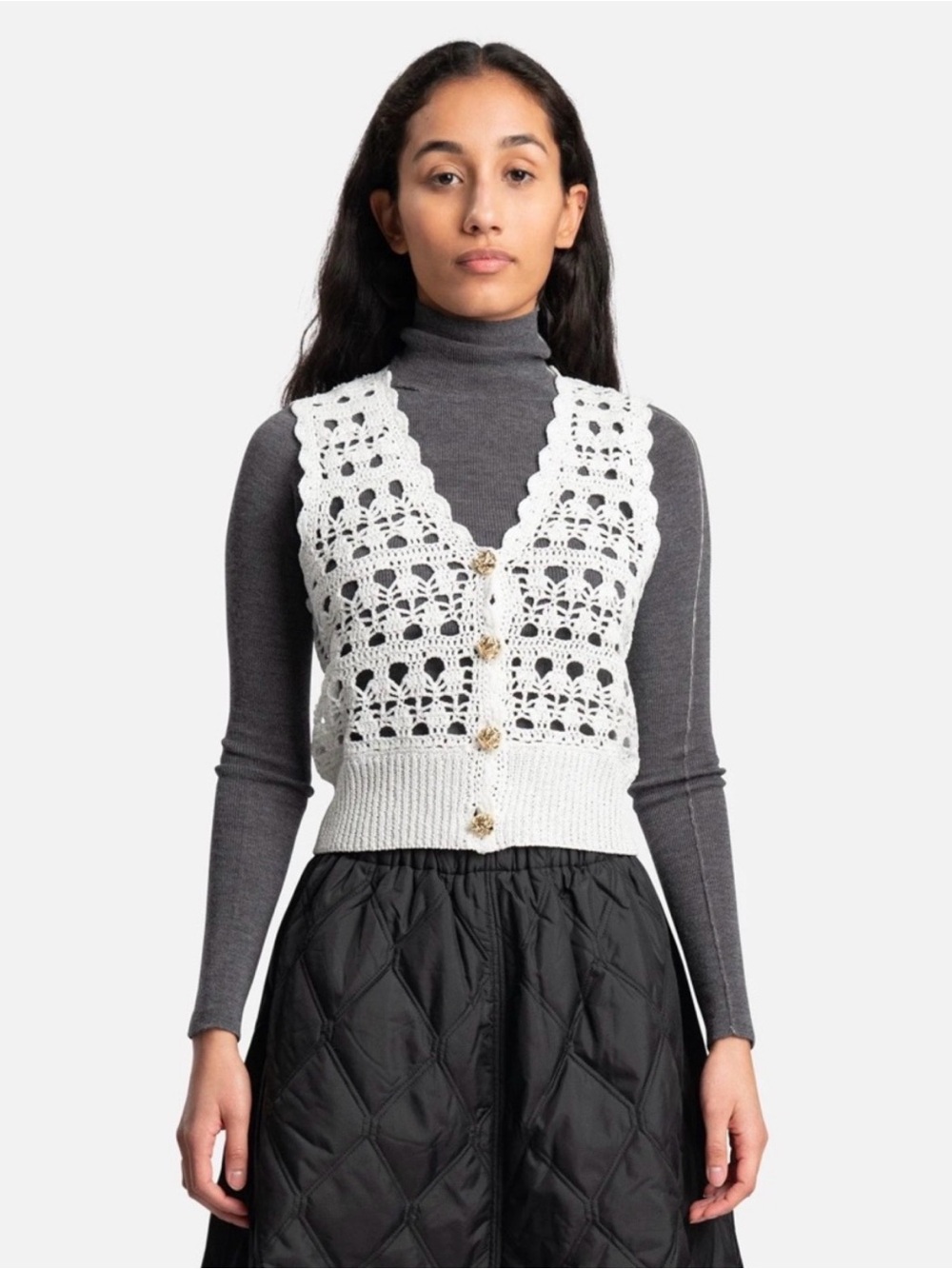 Ganni White Crochet V-neck Sweater Vest Oversized Gold Buttons